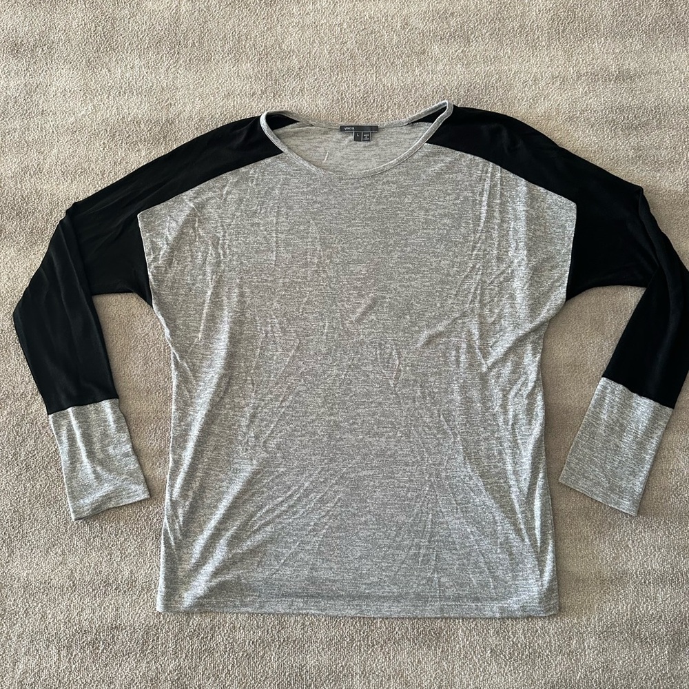 VINCE long sleeve baseball shirt. Grey with black. Size L